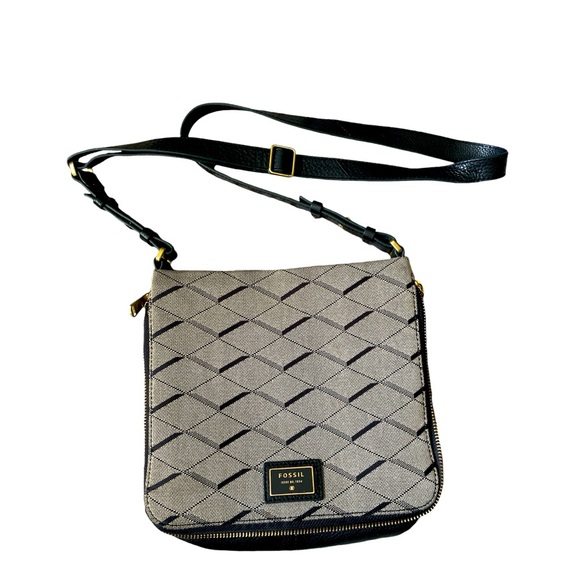 Fossil Preston Jacquard & Pebbled Leather Expandable Crossbody Purse, Tan/Black - Picture 1 of 10